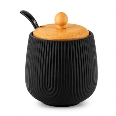 Imagem de Açucareiro Em Porcelana Com Colher Tampa Bambu 360ml Oásis (Preto)