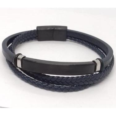 Imagem de Bracelete de Aço com Couro Trançado de 21cm e Placa de 41mm - Rosso De