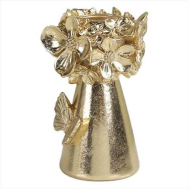 Imagem de Castiçal Borboleta Flores Dourado Porta Vela Decorativo Resina 12cm - 