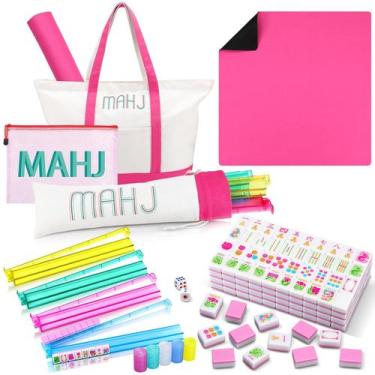 Imagem de Jogo de Mahjong Ceenna com 160 peças, bolsas rosa e tapete