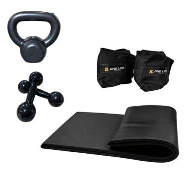 Imagem de Kit Fitness Colchonete Halter 2kg Caneleira 3kg Kettlebell 4kg Muscula