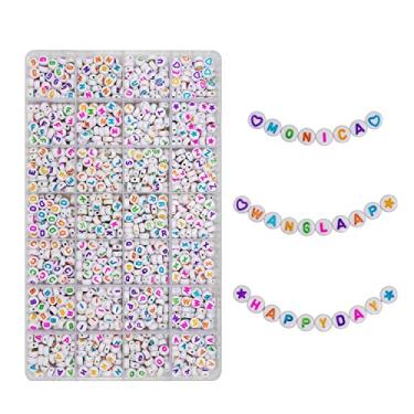 Imagem de WangLaap 1450 peças de acrílico 4 x 7 mm kit de contas de letras redondas do alfabeto A-Z (extra para letra vogal) contas coloridas de coração e estrela para pulseiras, colares, faça você mesmo