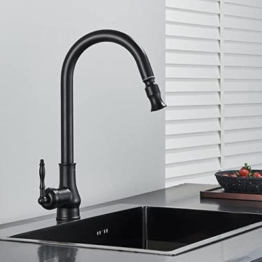 Imagem de Torneira de cozinha de latão antigo pull out água quente e fria misturador de alça única guindaste 360 ​​rotação torneira misturador de cozinha torneiras de bacia, preto fosco, China