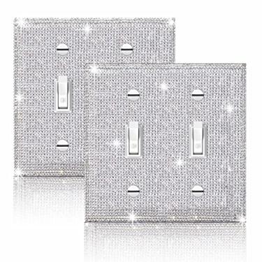Imagem de Gaocai 2 peças de capa de placa de parede de strass prata brilhante, capas de tomada com botão duplo, capa de interruptor de luz brilhante