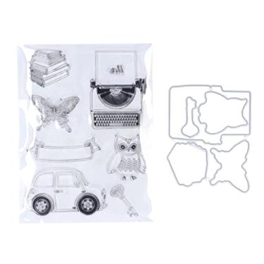 Imagem de Carimbo transparente máquina de escrever carro coruja padrão fazendo carimbos diários do álbum carimbos de plástico para fazer cartões com aço carbono cortado