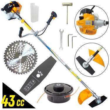 Imagem de KIT Roçadeira Profissional Para Jardinagem VR430S Vulcan á Gasolina 2T 43cc 1,7hp Forte e Econômica com Faca 2 Pontas + Faca Circular de 40 Dentes