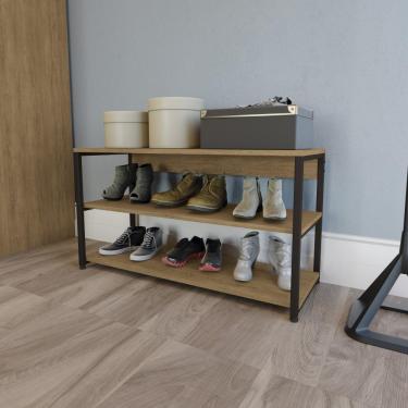 Imagem de Estante Baixa Sapateira Industrial Kappesberg Quarto 3 Prateleiras Base Metal MDP Marrom Madeira