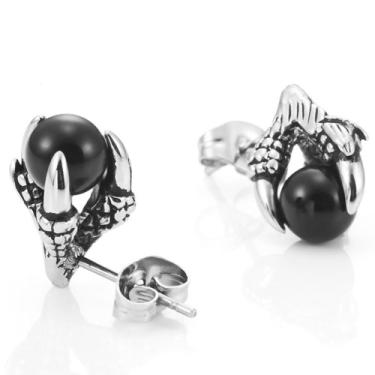 Imagem de Brincos masculinos de garra de dragão vintage de aço inoxidável, cor prata preto