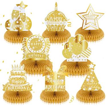 Imagem de 8 peças de centro de mesa de aniversário de favo de mel em ouro branco, enfeites de mesa de feliz aniversário, decorações de favo de mel para mulheres, homens