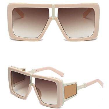 Imagem de Óculos de sol quadrados grandes e grandes na moda femininos legal designer gradiente óculos de sol com armação clara vintage masculino flat top, c2 marrom bege, tamanho único