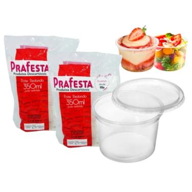 Imagem de Kit Com 2 Potes Descartáveis, Prafesta 350 ml Redondo Com Tampa, Pacote 48 Unidades