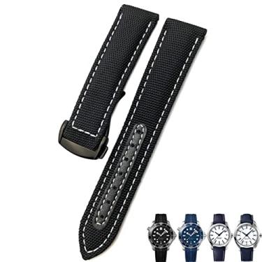 Imagem de CZKE 19mm 20mm Pulseira de relógio de nylon tecido preto azul fivela de implantação pulseiras de relógio de couro para Omega AT150 AQUA TERRA Seamaster Tissot (cor: preto branco preto, tamanho: 22 sem fecho)
