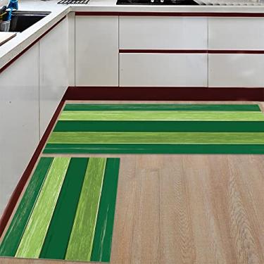 Imagem de Tapete de corredor de cozinha, madeira vintage listrado verde floresta retrô decoração de casa de fazenda antiderrapante tapete de porta tapete tapete tapete para lavanderia cabeceira banheiro quarto conjunto de 2