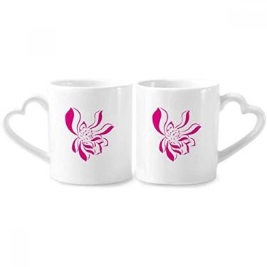 Imagem de Conjunto de canecas de porcelana para casal de flores de lótus rosa folha de lótus com alça de coração