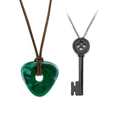 Imagem de Conjunto de joias de fantasia Coraline, colar de chave de esqueleto Coraline, colar de pedra de aparência verde, broche de esmalte Coraline, libélula, clipe de cabelo, Halloween, filme