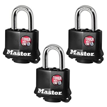 Imagem de Master Lock 311TRI Cadeado de aço laminado com chave, pacote com 3, preto
