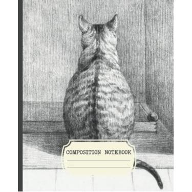 Imagem de Caderno de composição: faculdade estética vintage pautada com design de capa de ilustração de gato