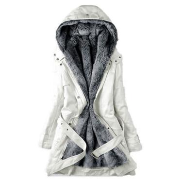 Imagem de BFAFEN Casaco feminino quente forrado de ovelha com capuz, casaco parca de inverno de manga comprida com bolsos, jaqueta grossa casual, Branco, G