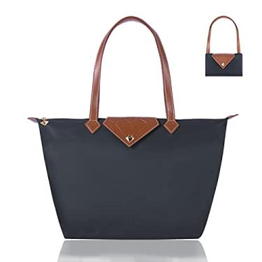 Imagem de BOJLY Sacola feminina, elegante bolsa de ombro feminina de nylon impermeável, bolsa dobrável para viagem de praia para trabalho, compras, grande, Cinza escuro, Large, Contemporâneo