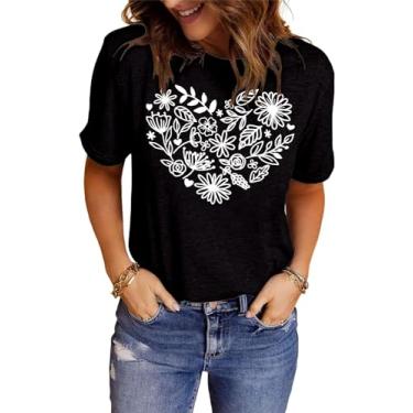 Imagem de Camiseta feminina com estampa floral floral floral de manga curta e flores silvestres, Preto, XXG