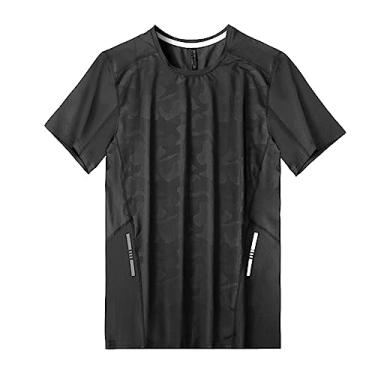 Imagem de Camiseta masculina atlética manga curta ajuste solto camuflagem secagem rápida 4-way stretch academia treino, Preto, G