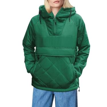 Imagem de Danedvi Jaqueta feminina acolchoada pulôver com capuz meio zíper manga longa leve inverno quente casaco com bolsos, Verde, GG