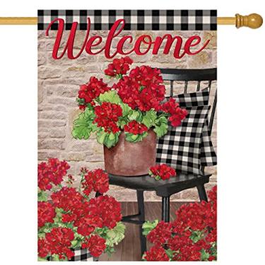 Imagem de Dyrenson Bem-vindo Primavera Geranium Flor Vermelha Bandeira de Casa Decorativa, Preto Branco Búfalo Xadrez Floral Pot Chair Garden Yard Outside Decorations, Summer Farmhouse Vintage Rustic Outdoor Grande Decor 28x40