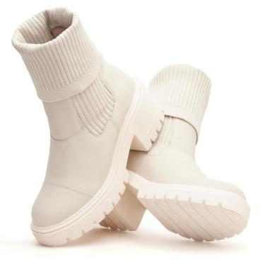 Imagem de Bota Coturno Couro Feminino Elástico Meia Moda Moderno Confortável Sola Salto Grosso Tratorada