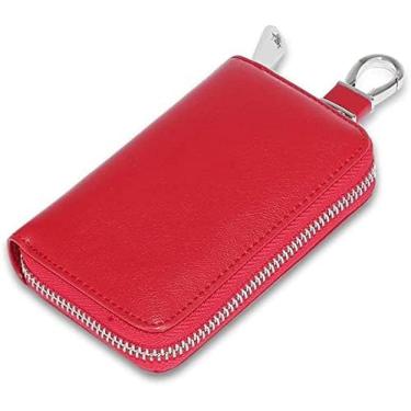 Imagem de Carteira de porta-chaves, porta-chaves de carro, porta-chaves de couro genuíno bolsa de chaves de carro à prova d'água portátil com zíper bolsa porta-cartões carteira com 6 ganchos homens mu