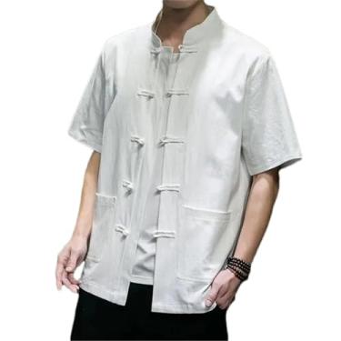 Imagem de Camisa masculina de verão de linho de manga curta estilo chinês gola alta algodão linho tang terno fino estilo verão, Branco, XXG