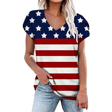 Imagem de Camisetas femininas 4th of July Flag Stars Stripes Graphic Blouse Patriotic Short Sleeve Loose V Neck Tops, Azul, G