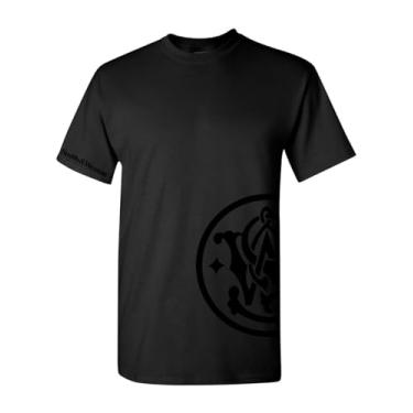 Imagem de Smith & Wesson Camiseta masculina oficialmente licenciada, 100% algodão, manga curta, gola redonda, camiseta com logotipo S&W Wrap Around e Arm, Preto monocromático, GG