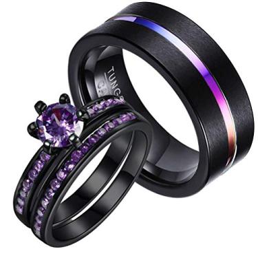 Imagem de Conjunto de anéis de casal, banhado a preto, roxo, Cz, feminino, alianças de casamento masculinas de tungstênio (compre 2 anéis para 1 par) Preto