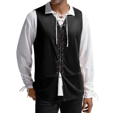 Imagem de Runcati Colete masculino medieval renascentista pirata gótico fantasia de Halloween camurça com cadarço reversível, Preto, G