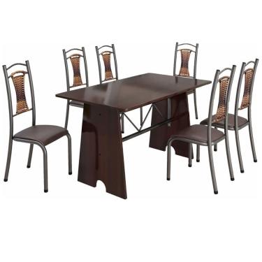 Imagem de Conjunto Madmelos 6 cadeiras com encosto em junco tampo e base de pedra ardosia madeirado  - craqueado preto