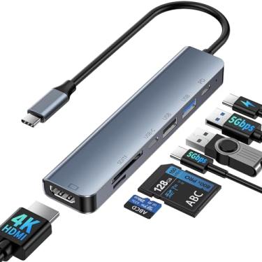 Imagem de Hub USB C 7 em 1, adaptador hub USB-C com HDMI 4K@60Hz, PD 100W, USB 3.0/2.0, leitor de cartões SD/TF, dados USB-C, Docking Station para computador portátil compatível com Windows/MacBook/iPad/SS team