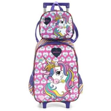 Imagem de Kit Mochila Rodinhas Lancheira Luxcel Up4You Unicórnio Roxo-Feminino