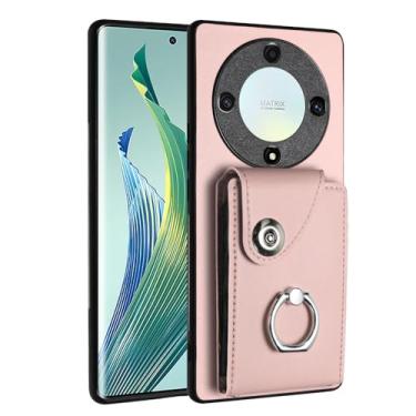 Imagem de Kainevy Capa carteira de couro para Honor Magic 5 Lite com suporte para cartão e anel de suporte, fecho magnético, capa protetora resistente à prova de choque de silicone e poliuretano (rosa)