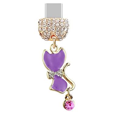 Imagem de ELISE & FONDA TP204 Tipo-C porta de carregamento USB cristal plugue antipoeira pequeno gato gatinho pingente de telefone celular para telefones Samsung/Huawei/OnePlus/Xiaomi/oppo Android (roxo),