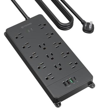 Imagem de TROND Protetor de sobretensão USB C, cabo de extensão de 3 m de comprimento, 13 saídas CA com 4 portas USB, 20W Quick Charge 3.0 e USB C Power Delivery, 4000J, Plugue liso, Montagem na parede, Preto
