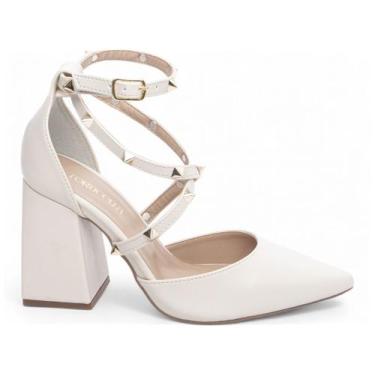Imagem de Sapato Scarpin Off White Salto Médio Grosso Bloco Pirâmides Feminino 8