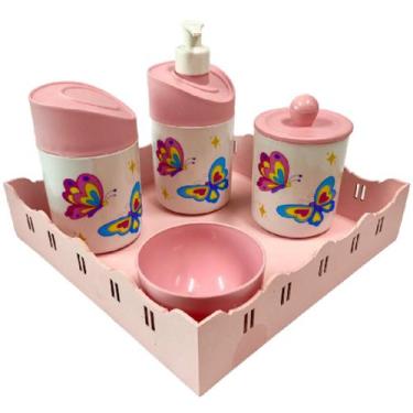 Imagem de Kit Higiene Bebê Borboleta Menina com Bandeja Quadrada Rosa - Dóia Kid