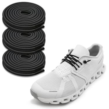 Imagem de NDTEZUGT 3 pares de cadarços elásticos para 5 tênis de corrida, cordas finas elásticas redondas elásticas sem cadarços de velocidade de substituição (preto, 60 cm)