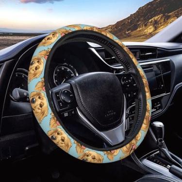 Imagem de Buyidec Capa de volante de cachorro Golden Retriever com desenho animado antiderrapante elasticidade acessórios de carro protetor de volante universal de 38 cm para carros, veículos SUV, caminhões