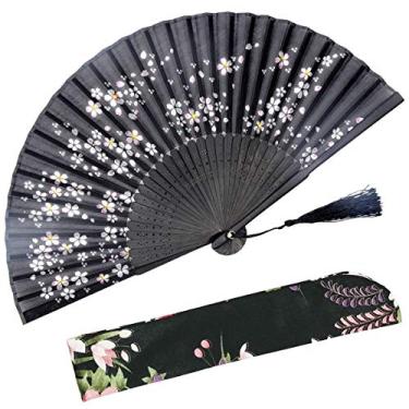 Imagem de OMyTea Ventilador portátil dobrável para mulheres, estilo retrô vintage chinês/japonês - com uma manga de tecido para proteção (Little Sakura)