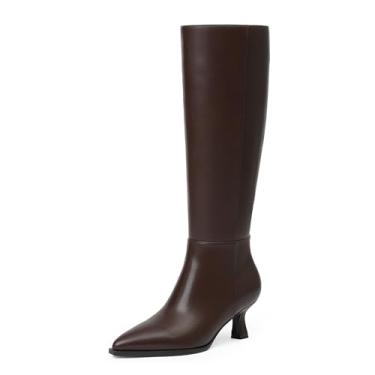 Imagem de Modatope Botas cano alto gatinho salto baixo couro sintético bico fino zíper lateral outono botas longas altas para mulheres, Poliuretano chocolate, 38