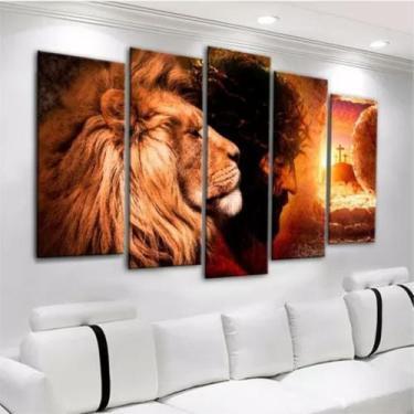 Imagem de Quadro Mosaico Gigante 5 peças 90x190 Leão Judá Cristo Evangélico  - S