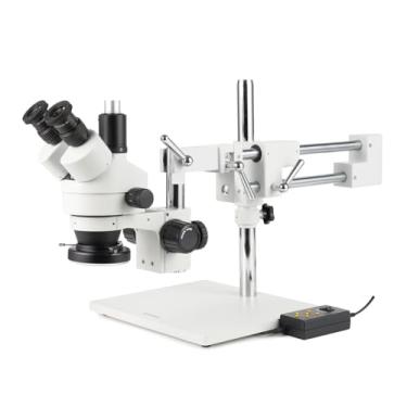 Imagem de AmScope Microscópio trinocular estéreo profissional SM-4TZ-144A, lentes WH10x, ampliação de 3,5 x 90 x, objetiva de zoom de 0,7 x 4,5 x, anel de luz de LED de quatro zonas, suporte de braço duplo, 110