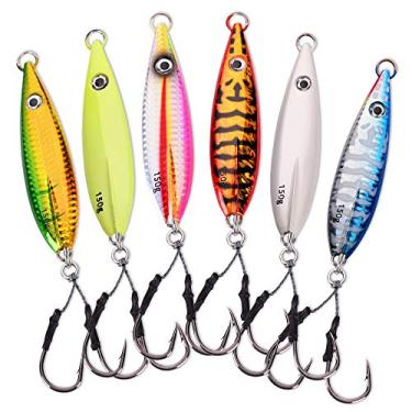 Imagem de Calissa Offshore Tackle Fast Fall Jig 80 g 150 g 250 g 136.1 kg Ganchos de assistência borboleta 3/0 - Isca de velocidade de faca vertical passo lento - Cor brilhante - Pintado em ambos os lados