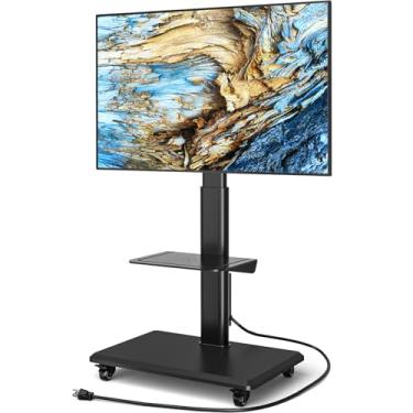 Imagem de YOMT Suporte de TV de chão com tomada, suporte universal de TV para TV de 32 a 70 polegadas, suporte de TV portátil ajustável com altura de rolamento giratório sobre rodas, base móvel moderna de